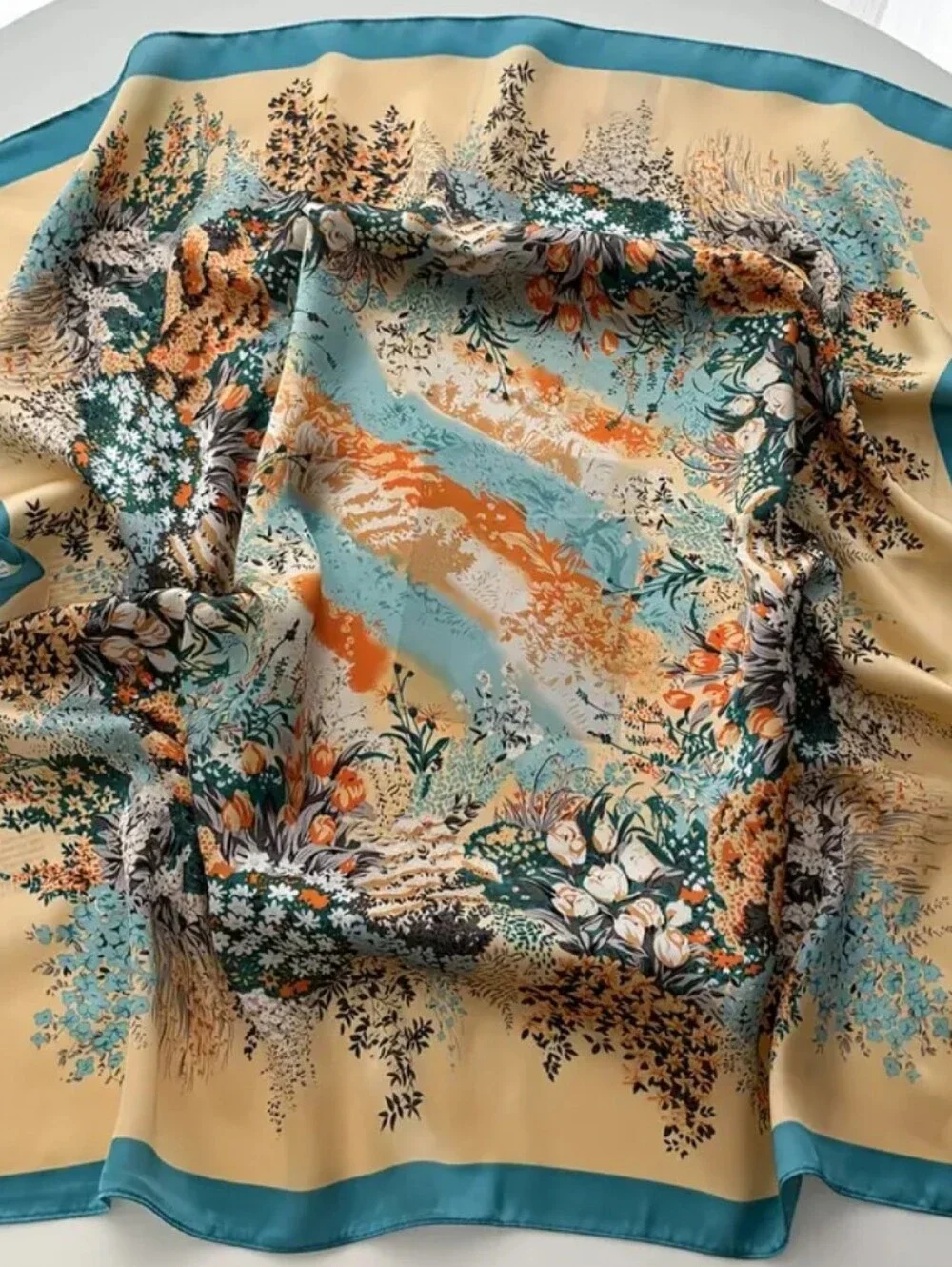 Silk-feel Floral Teal and Beige  Scarf - Women Head Scarf , Neck Scarf